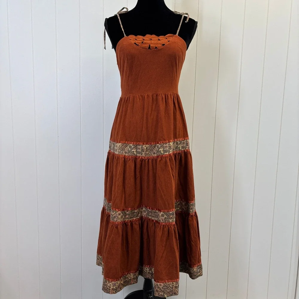 VTG Young Edwardian 70s Festival Boho Faux Suede Tiered Dress Size M Milkmaid - Picture 1 of 10
